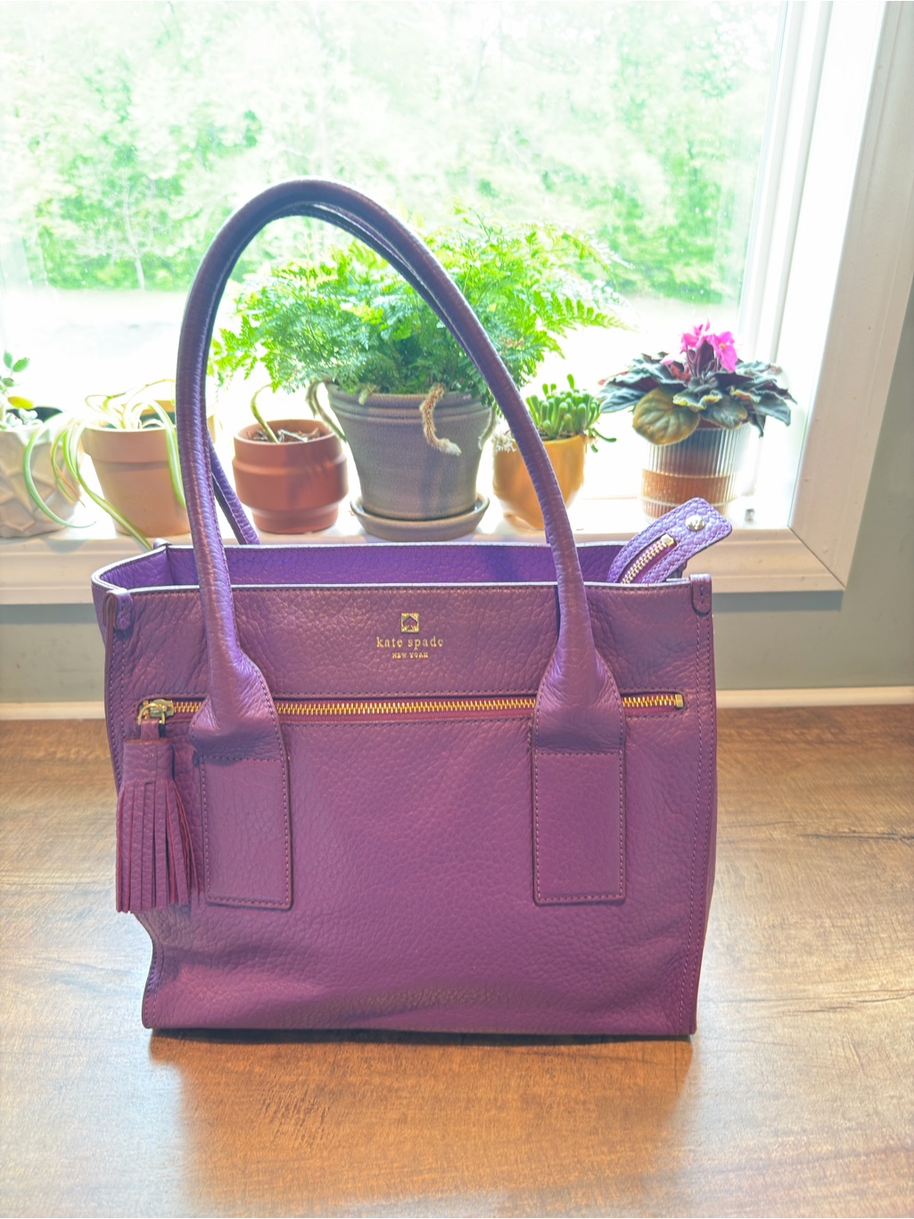 Kate Spade Purple Pebbled Leather Tote With Tassel